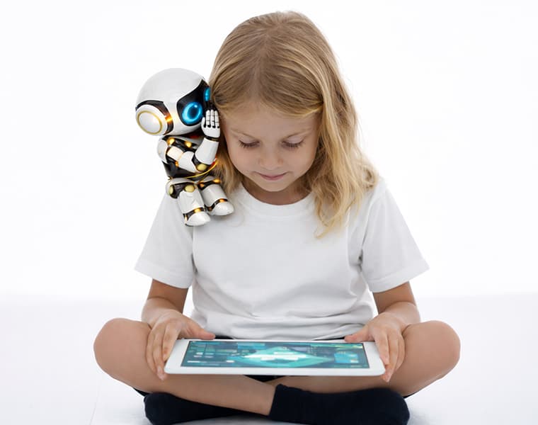 Kind lernt am Tablet, der SkillBot sitzt auf der Schulter
