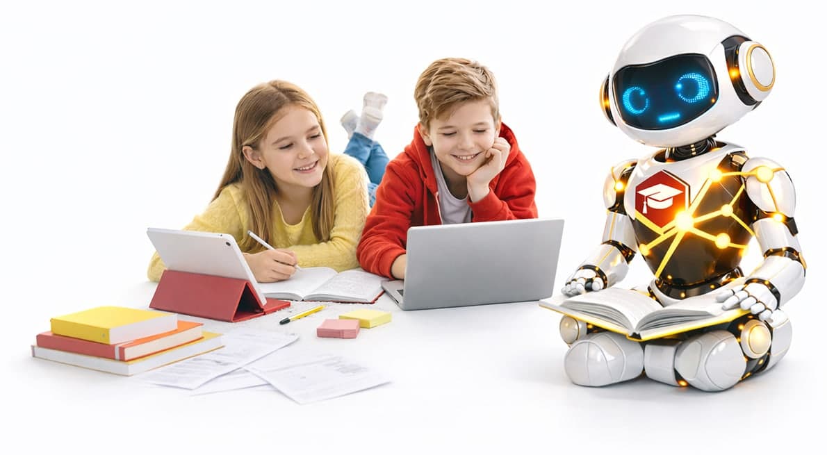 Zwei Kinder lernen gemeinsam mit dem SkillBot