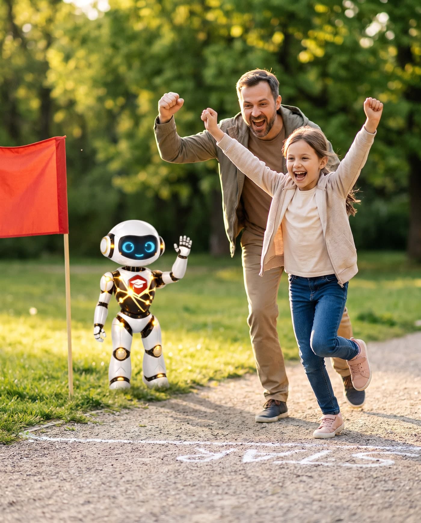 Ein Mädchen sprintet jubelnd von einer Kreide-Startlinie los, ihr Vater feuert sie an; SkillBot winkt im Hintergrund neben der roten Startflagge