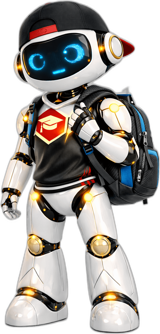 SkillBot mit Schulrucksack – bereit für den Unterricht